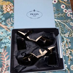 Prada Black Patent Leather Platform Block Heel Sandals